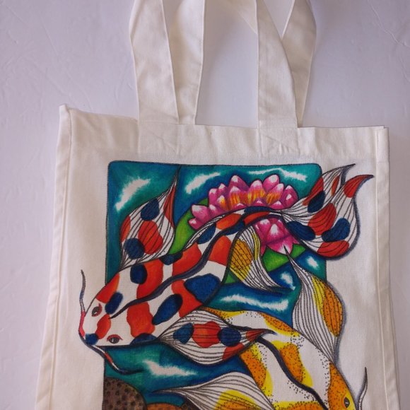 Handmade Tote Bag With Two Hand Painted Butterfly Koi Fish in Pond With Lotus - Picture 3 of 15